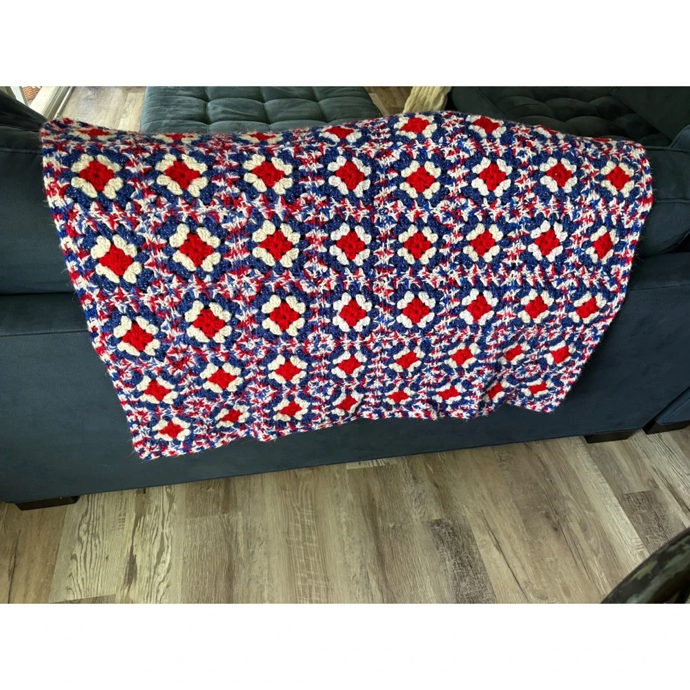 Vintage Handmade Crochet Granny Square Blanket Red White Blue Sparkle 41x30